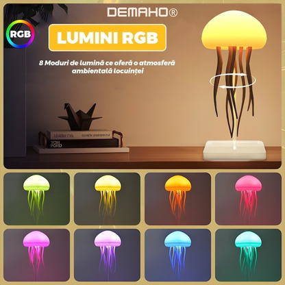 Lampa LED Meduza DEMAHO®, smart, lampa de veghe cu control vocal/buton, iluminare LED multicolor, 2 moduri de montare, pe suport/atarnat, alimentare USB, cablu inclus, alb