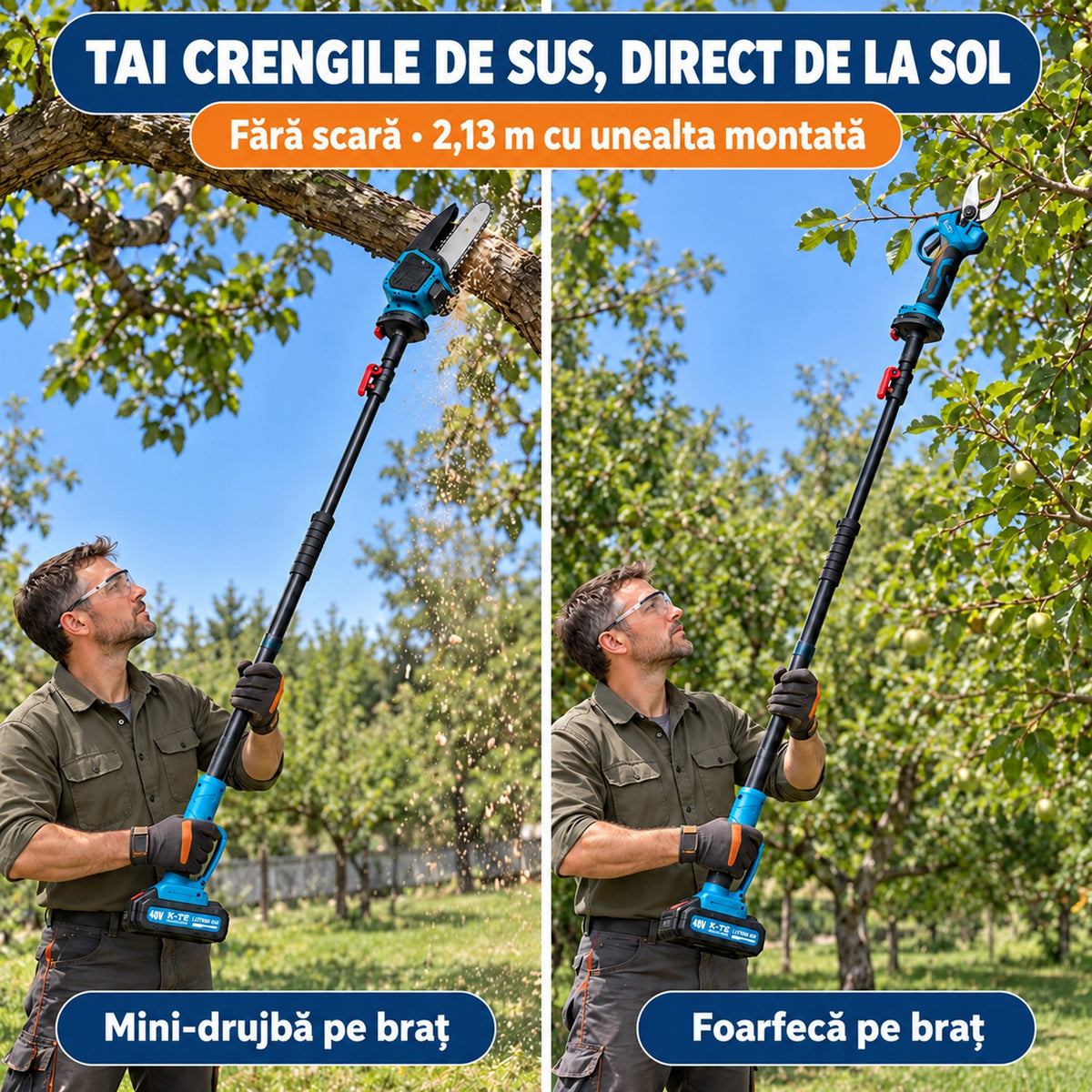 Set profesional mini-drujbă și foarfecă electrică cu braț telescopic