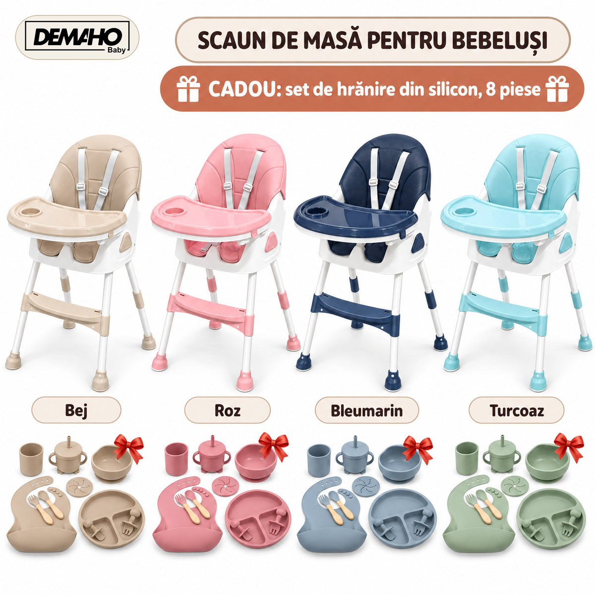 Scaun de Masă pentru Bebeluși DEMAHO Baby, 2 Înălțimi, Pliabil, Tăviță Detașabilă, Centură de Siguranță + CADOU Set Hrăn