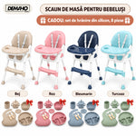 Scaun de Masă pentru Bebeluși DEMAHO Baby, 2 Înălțimi, Pliabil, Tăviță Detașabilă, Centură de Siguranță + CADOU Set Hrăn