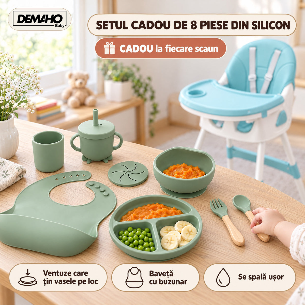 Scaun de Masă pentru Bebeluși DEMAHO Baby, 2 Înălțimi, Pliabil, Tăviță Detașabilă, Centură de Siguranță + CADOU Set Hrăn