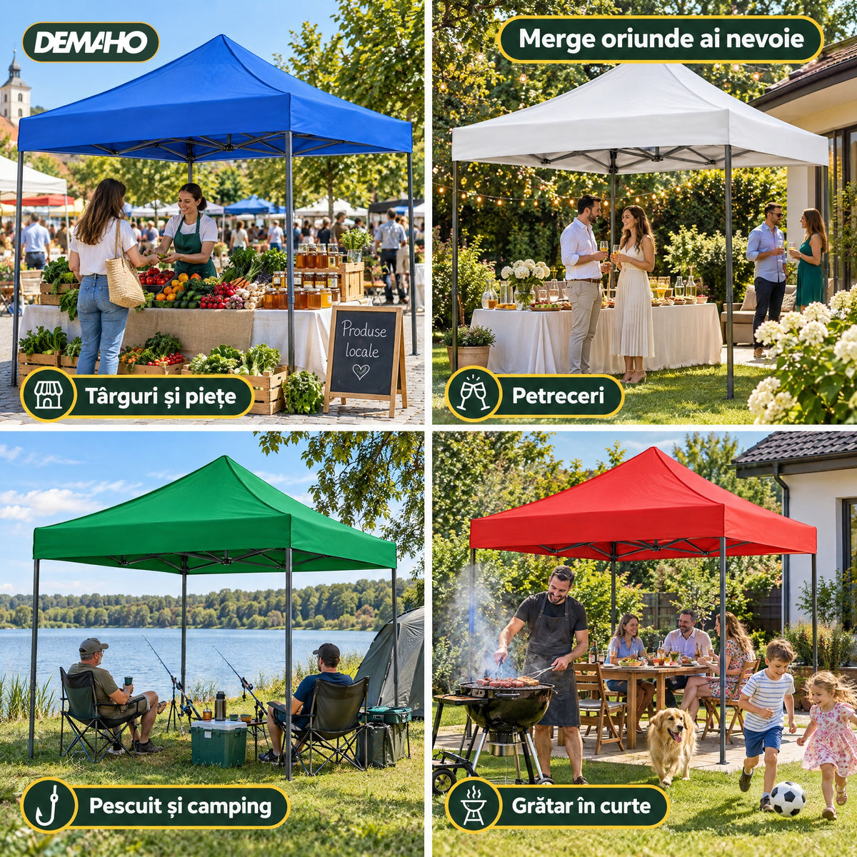 Cort Pavilion Pliabil 3 x 3 m DEMAHO, Cadru din Oțel tip Acordeon, Acoperiș Impermeabil, Montaj Rapid fără Unelte, pentr