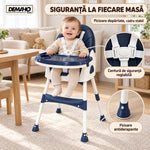 Scaun de Masă pentru Bebeluși DEMAHO Baby, 2 Înălțimi, Pliabil, Tăviță Detașabilă, Centură de Siguranță + CADOU Set Hrăn