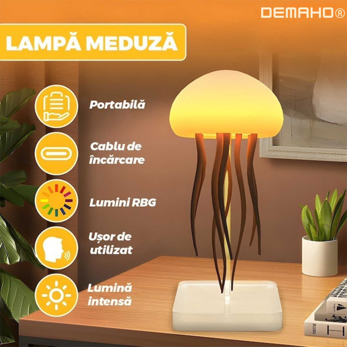 Lampa LED Meduza DEMAHO®, smart, lampa de veghe cu control vocal/buton, iluminare LED multicolor, 2 moduri de montare, pe suport/atarnat, alimentare USB, cablu inclus, alb