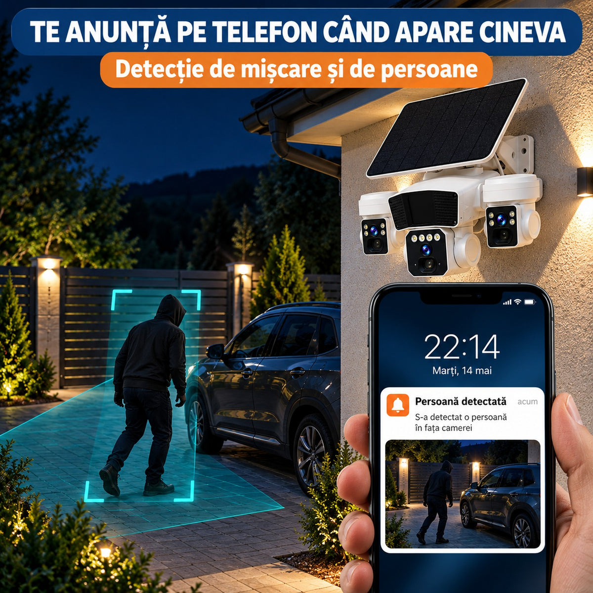 Camera de supraveghere solara 12MP 4G, Multi-lentile, Panou 20W, vedere nocturna, senzor miscare