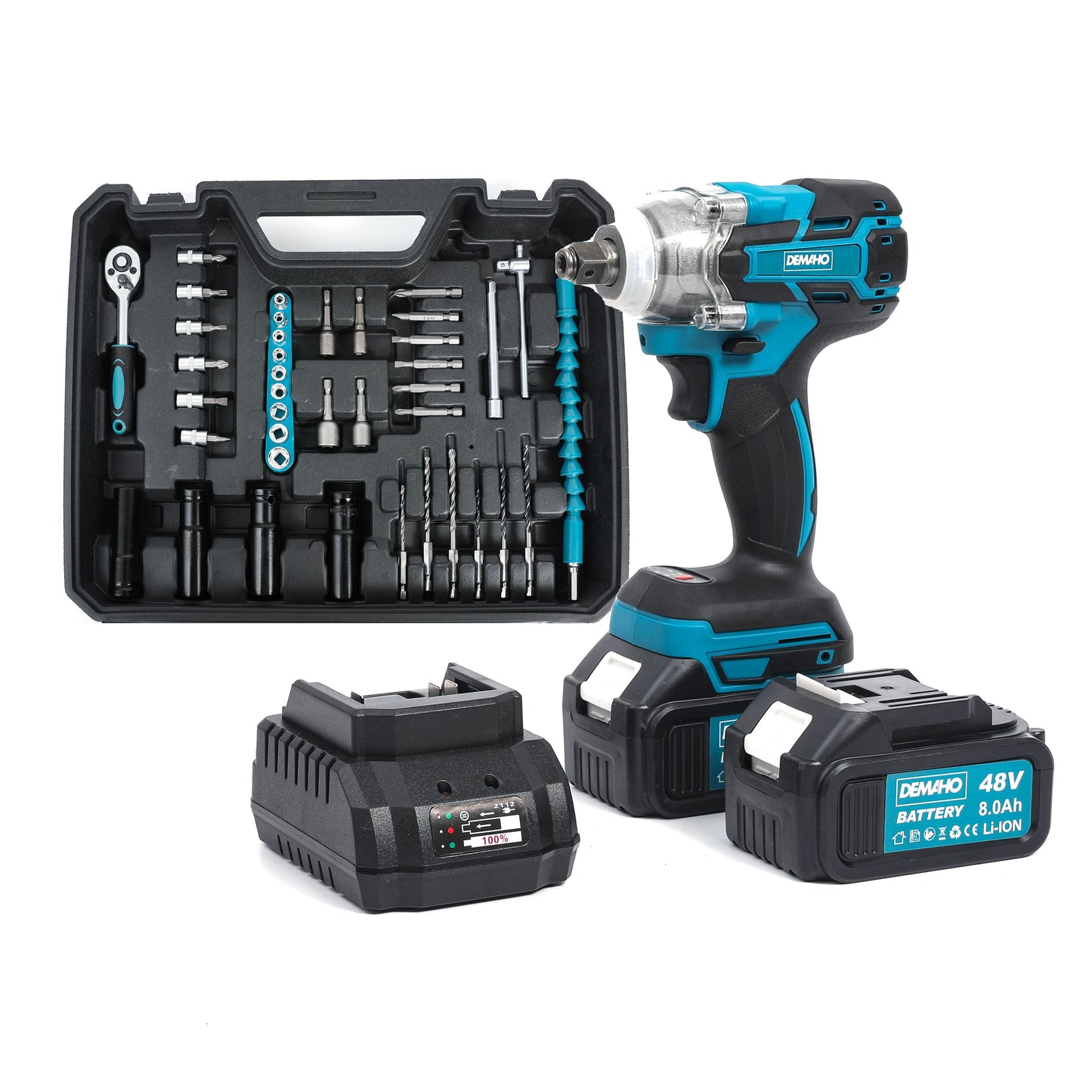 Trusa cheie de impact si insurubat DEMAHO 380Nm | 43 Accesorii Incluse | 2 Acumulatori 48V Li-Ion | Valiza