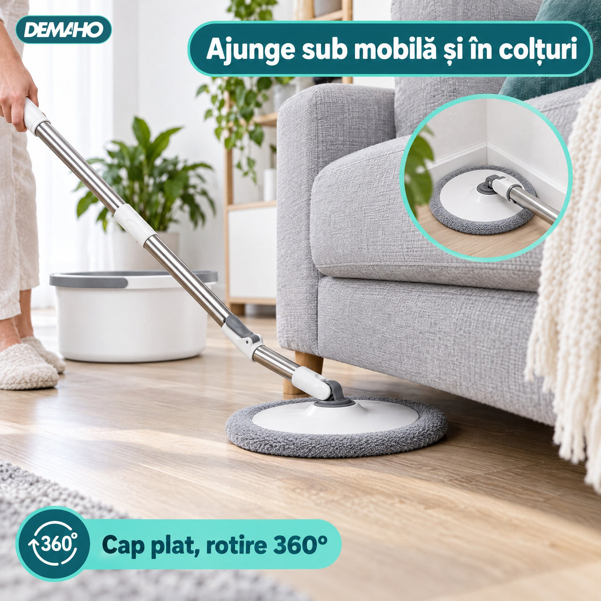 Set Mop Rotativ cu Auto-Spălare, Găleată cu Apă Curată și Murdară Separate, Stoarcere 360°, Mâner Telescopic din Inox, 2