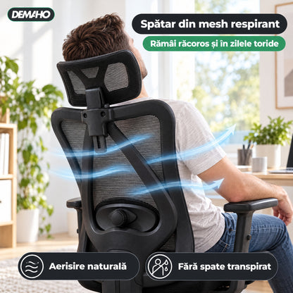 Scaun Ergonomic de Birou DEMAHO, Spătar Mesh Respirant, Suport Lombar Reglabil, Tetieră și Cotiere Reglabile, Rotativ, Negru