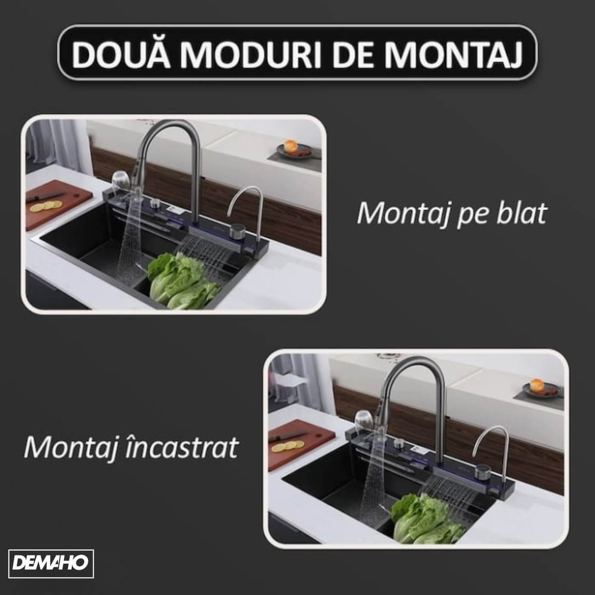 Chiuveta multifunctionala cu 2 cascade cu accesorii incluse, afisaj digital a temperaturii si robinet cascada, culoare negru grafit, dimensiune 750x460mm