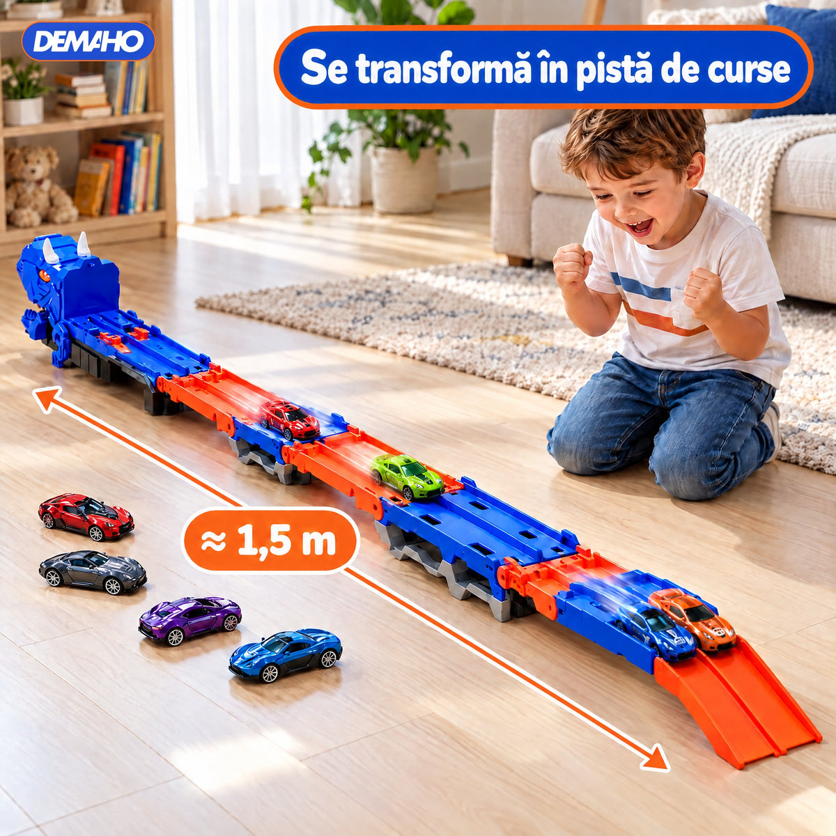 Camion Transportor Dinozaur 2 în 1, se Transformă în Pistă de Curse de 1,5 m, Lansare Dublă, Înghite Mașinuțe, Garaj pe 2 Etaje, 6 Mașinuțe Incluse, Albastru, 3+ ani