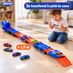 Camion Transportor Dinozaur 2 în 1, se Transformă în Pistă de Curse de 1,5 m, Lansare Dublă, Înghite Mașinuțe, Garaj pe 2 Etaje, 6 Mașinuțe Incluse, Albastru, 3+ ani