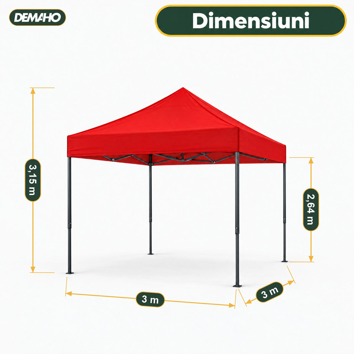 Cort Pavilion Pliabil 3 x 3 m DEMAHO, Cadru din Oțel tip Acordeon, Acoperiș Impermeabil, Montaj Rapid fără Unelte, pentr