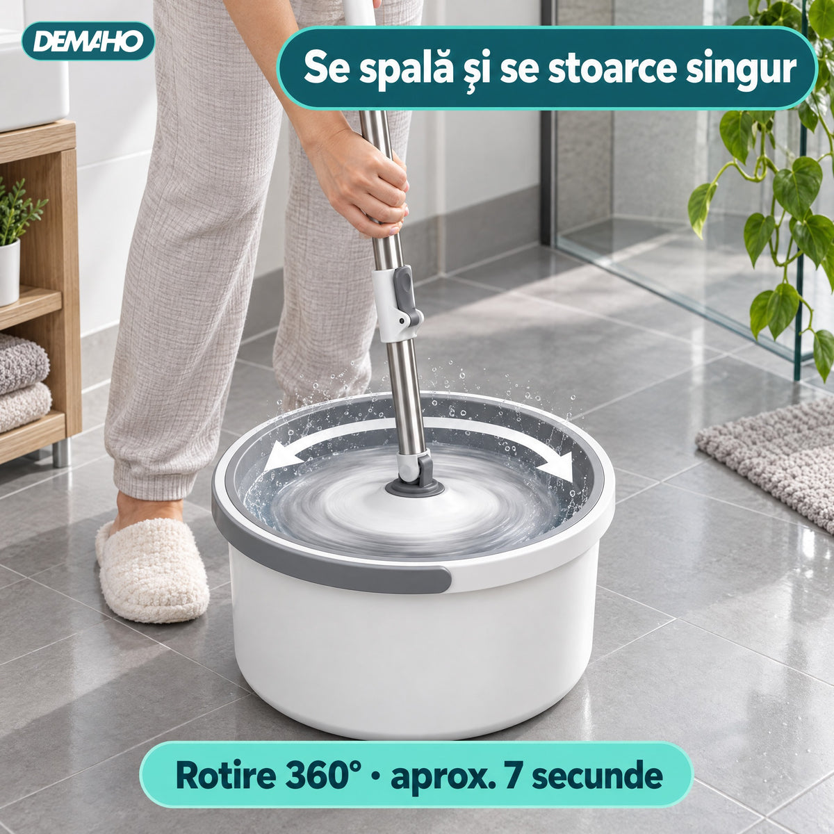 Set Mop Rotativ cu Auto-Spălare, Găleată cu Apă Curată și Murdară Separate, Stoarcere 360°, Mâner Telescopic din Inox, 2