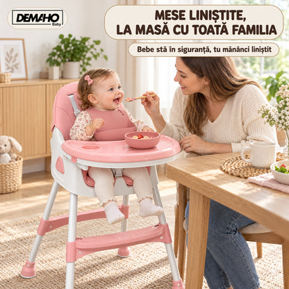 Scaun de Masă pentru Bebeluși DEMAHO Baby, 2 Înălțimi, Pliabil, Tăviță Detașabilă, Centură de Siguranță + CADOU Set Hrăn