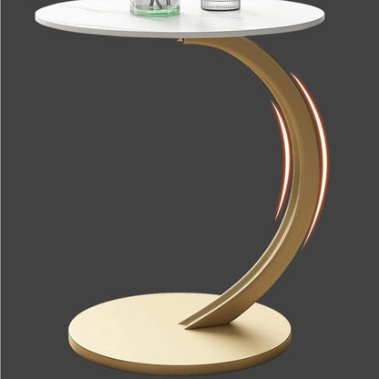 Masuta rotunda pentru Cafea, MDF cu Metal, Picior Curbat, 40×62.5 cm, Alb-Auriu