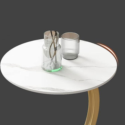 Masuta rotunda pentru Cafea, MDF cu Metal, Picior Curbat, 40×62.5 cm, Alb-Auriu