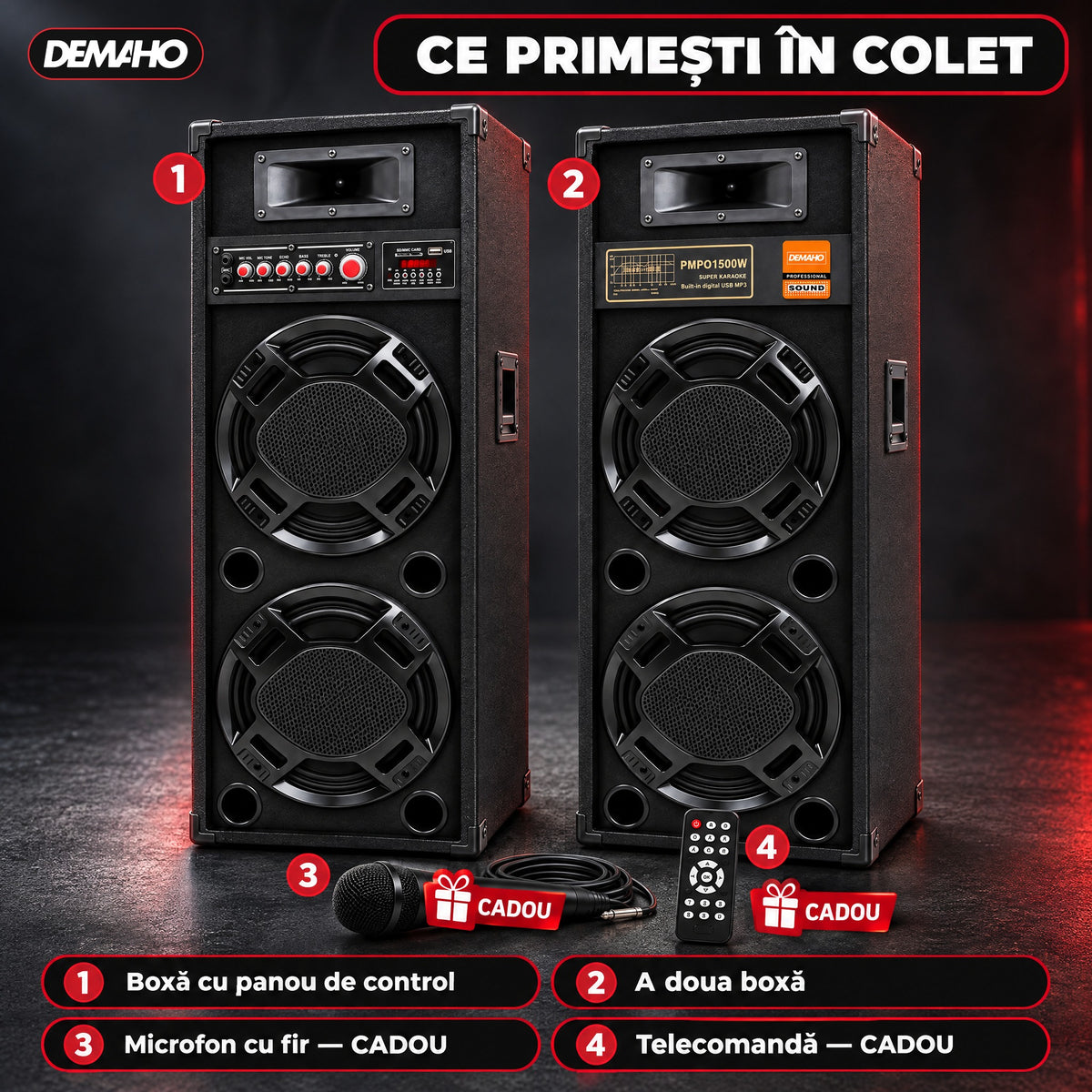 Set Boxe Active Profesionale DEMAHO 600W RMS, 95 cm, 4 Difuzoare 25 cm, Karaoke, Bluetooth, USB, Radio FM, Ecran LCD + CADOU Microfon și Telecomandă