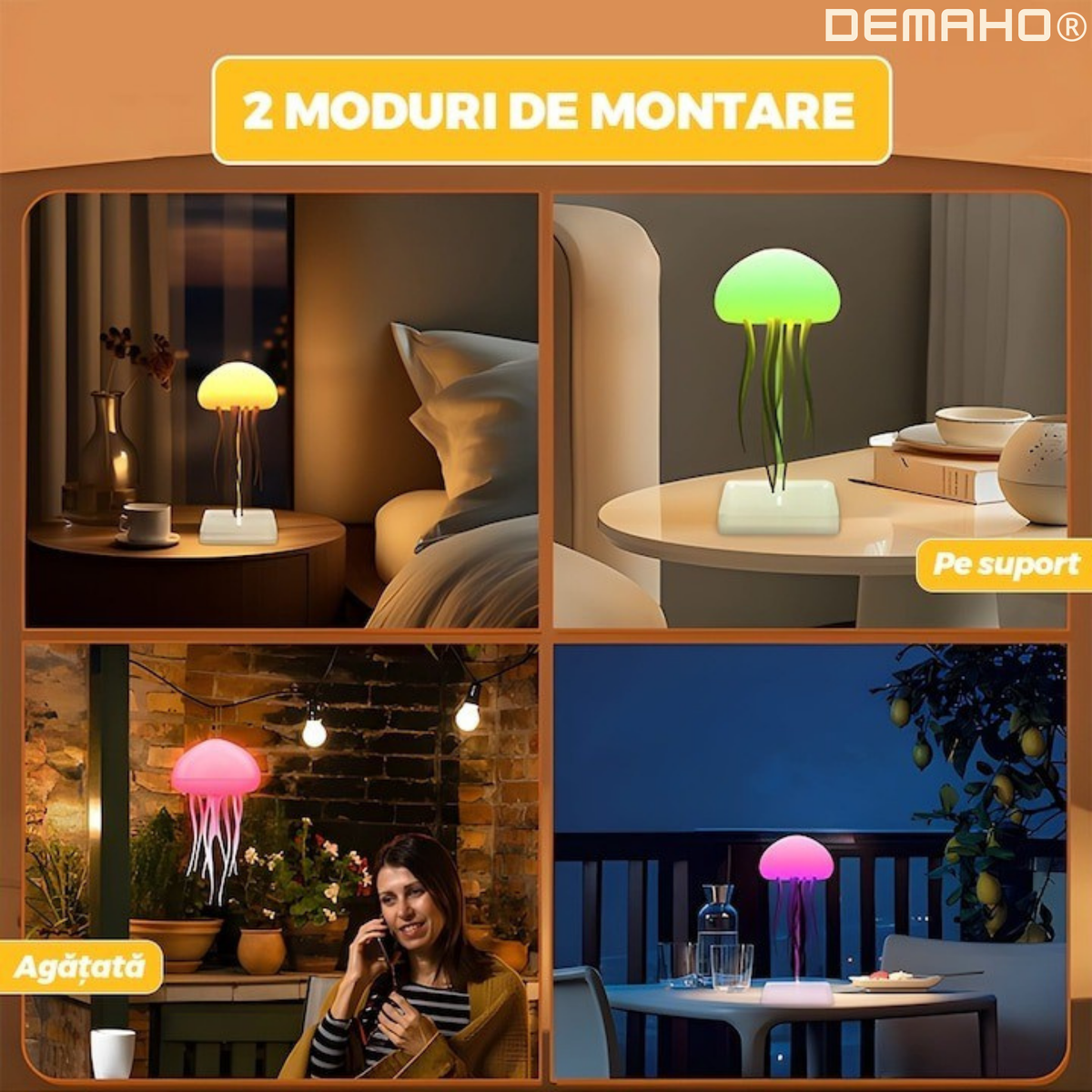 Lampa LED Meduza DEMAHO®, smart, lampa de veghe cu control vocal/buton, iluminare LED multicolor, 2 moduri de montare, pe suport/atarnat, alimentare USB, cablu inclus, alb