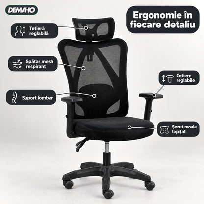 Scaun Ergonomic de Birou DEMAHO, Spătar Mesh Respirant, Suport Lombar Reglabil, Tetieră și Cotiere Reglabile, Rotativ, Negru