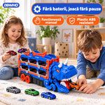 Camion Transportor Dinozaur 2 în 1, se Transformă în Pistă de Curse de 1,5 m, Lansare Dublă, Înghite Mașinuțe, Garaj pe 2 Etaje, 6 Mașinuțe Incluse, Albastru, 3+ ani