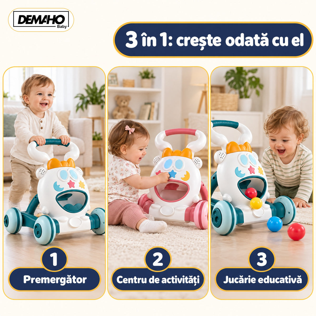 Premergător de Activități 3 în 1 DEMAHO, Lumini și Muzică, Mingi Colorate, Jucării Detașabile, Roți Antiderapante, Pliabil, 6-36 Luni
