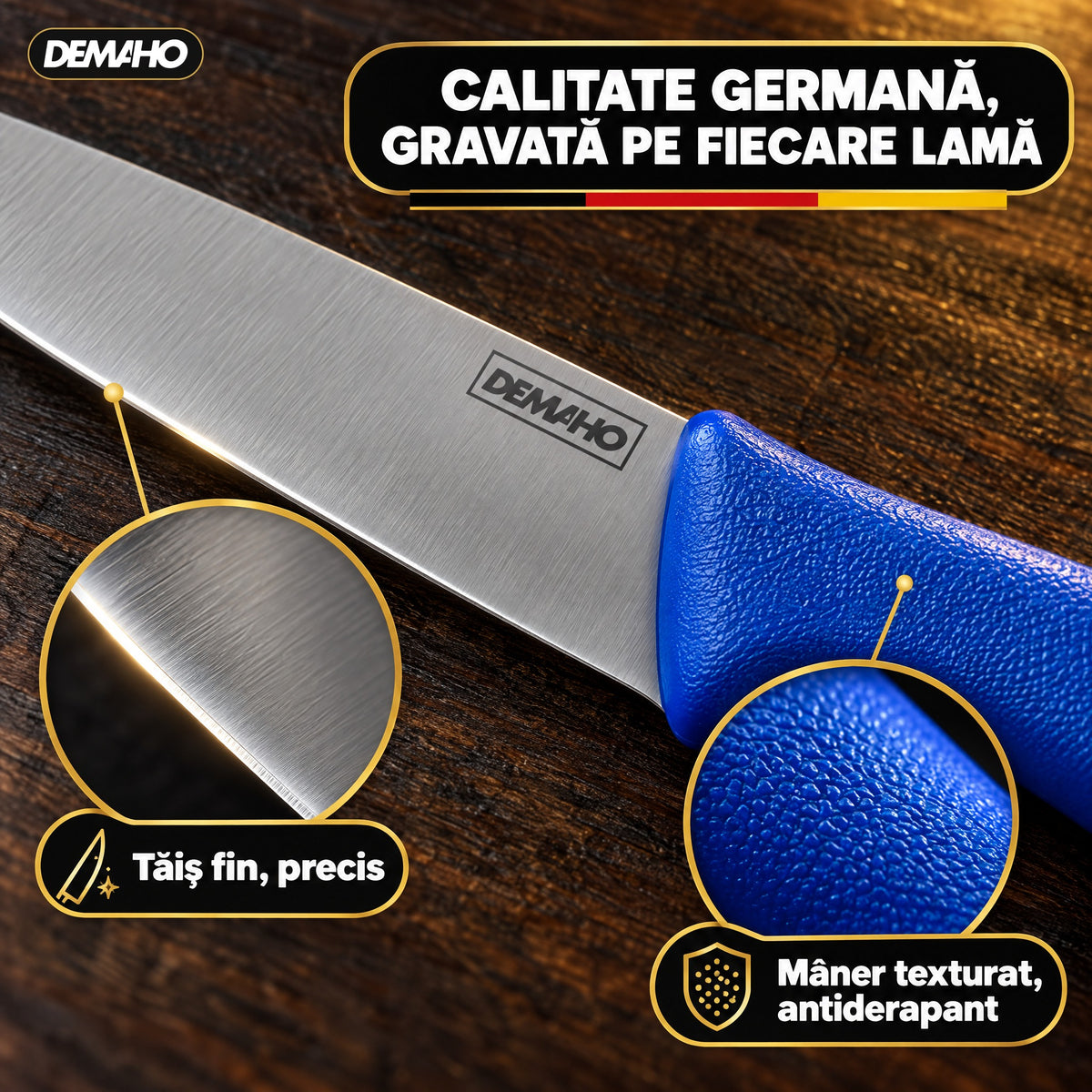 Set Cuțite Profesionale de Măcelărie DEMAHO, 8 Piese, Oțel Inoxidabil, Satâr și Masat Incluse, Mâner Antiderapant, Cutie Cadou
