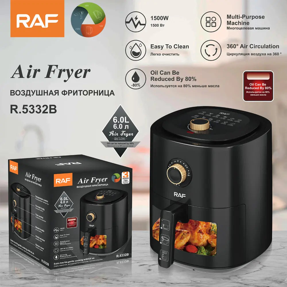 Air Fryer RAF-5332B - friteuza cu aer cald, fara ulei, capacitate 6L, 1500W, negru + CADOU 1x SET HARTIE 100 PCS