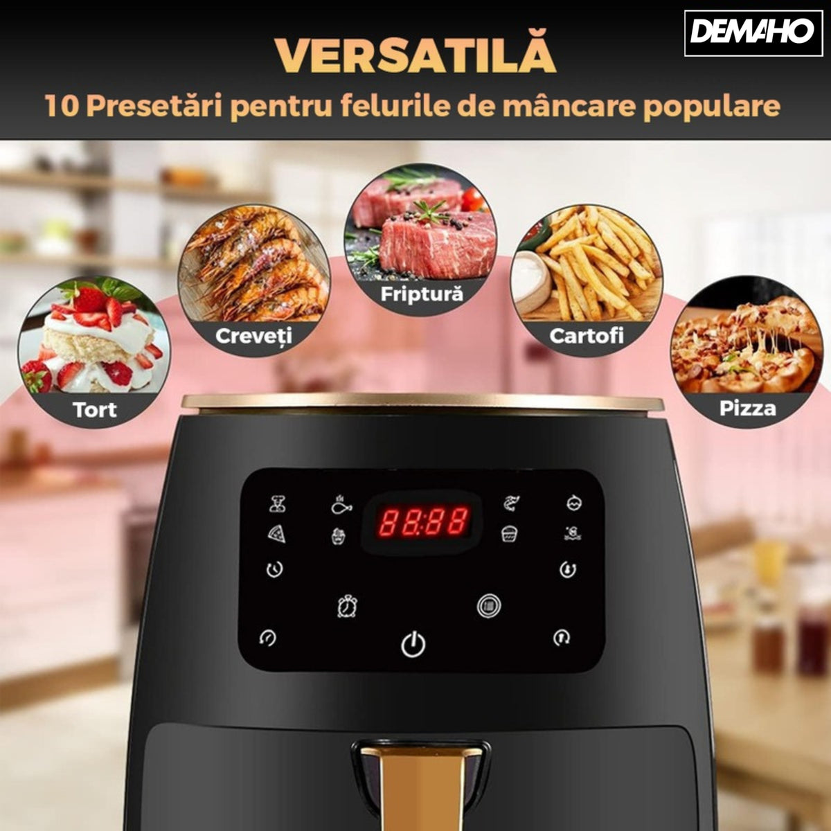 Friteuza cu aer cald fara ulei Air Fryer DEMAHO® , 100 hartii de copt cadou, tehnologie smart sensing, programe smart chef automate, afisaj digital, capacitate 6 L, tehnologie de eliminare a grasimii,