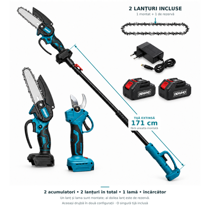 Foarfecă Electrică + Mini-Drujbă DEMAHO cu Tijă Telescopică 171cm, 2 Acumulatori 48V