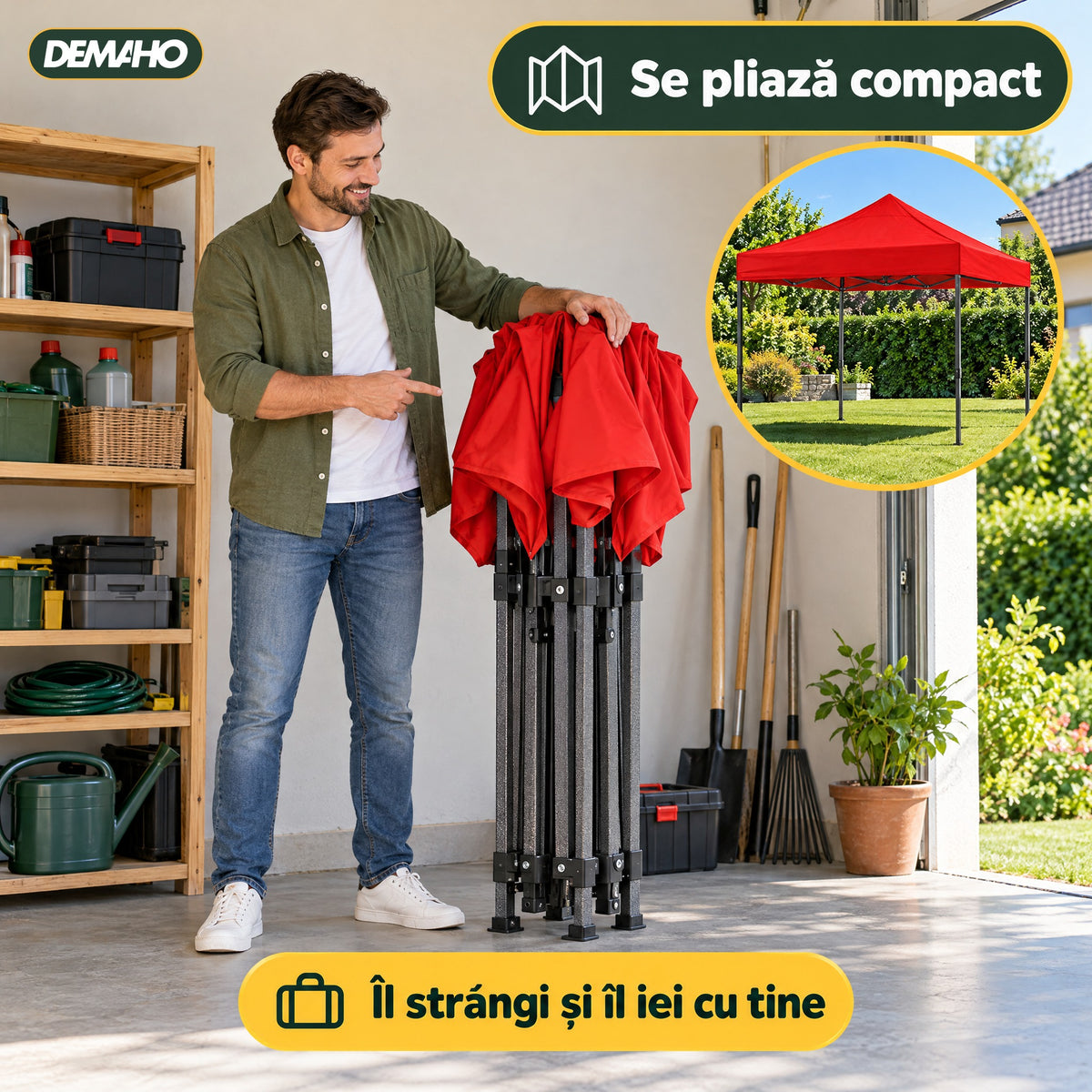 Cort Pavilion Pliabil 3 x 3 m DEMAHO, Cadru din Oțel tip Acordeon, Acoperiș Impermeabil, Montaj Rapid fără Unelte, pentr
