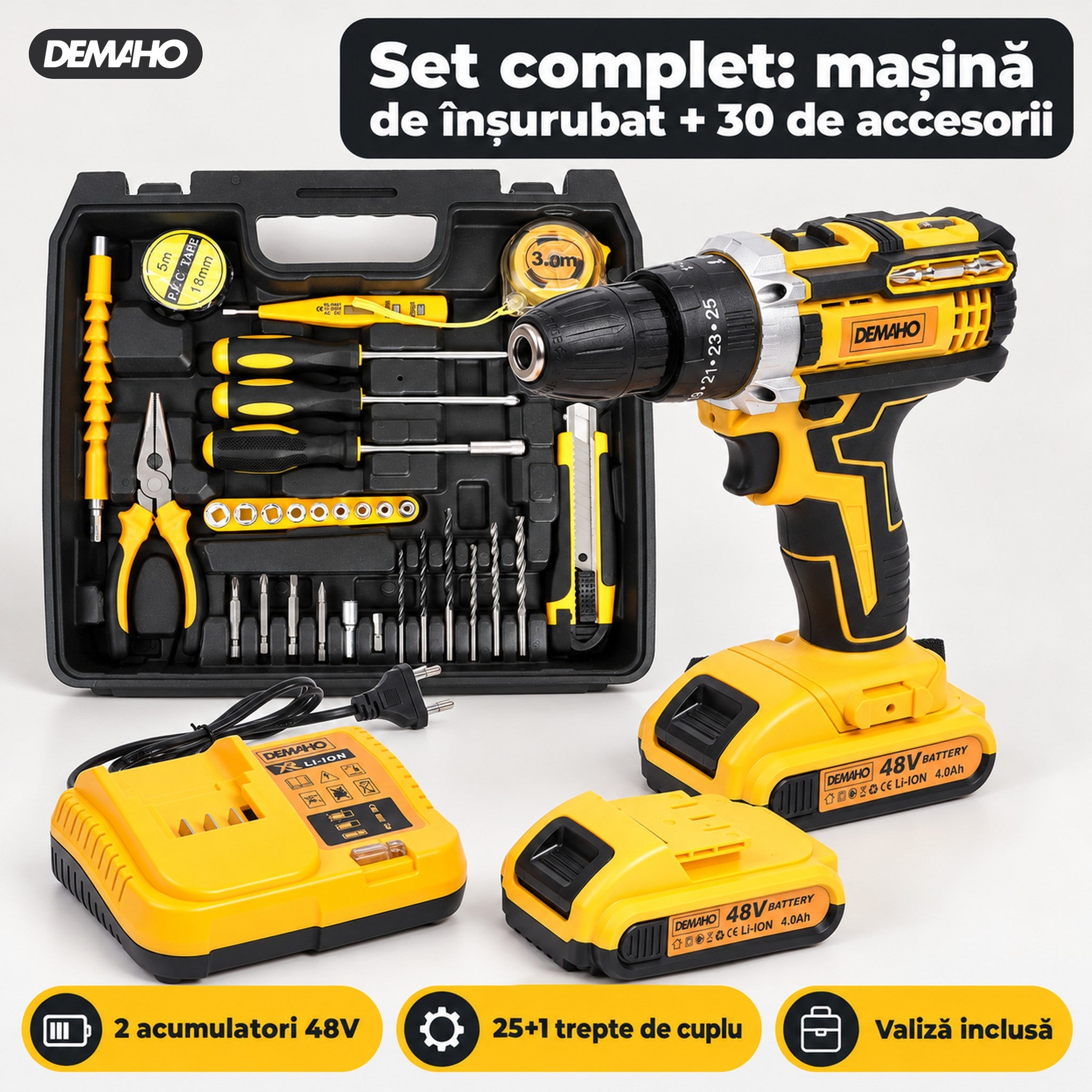 Mașină de găurit și înșurubat DEMAHO cu acumulator 48V, 2 acumulatori 4,0 Ah, stație de încărcare și valiză cu 30 de accesorii, galben/negru