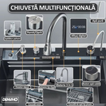 Chiuveta multifunctionala cu 2 cascade cu accesorii incluse, afisaj digital a temperaturii si robinet cascada, culoare negru grafit, dimensiune 750x460mm