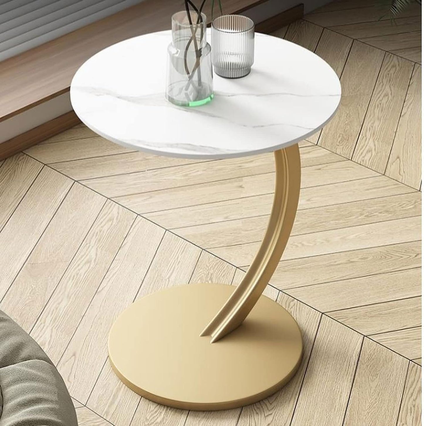 Masuta rotunda pentru Cafea, MDF cu Metal, Picior Curbat, 40×62.5 cm, Alb-Auriu