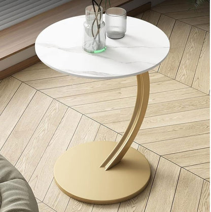 Masuta rotunda pentru Cafea, MDF cu Metal, Picior Curbat, 40×62.5 cm, Alb-Auriu