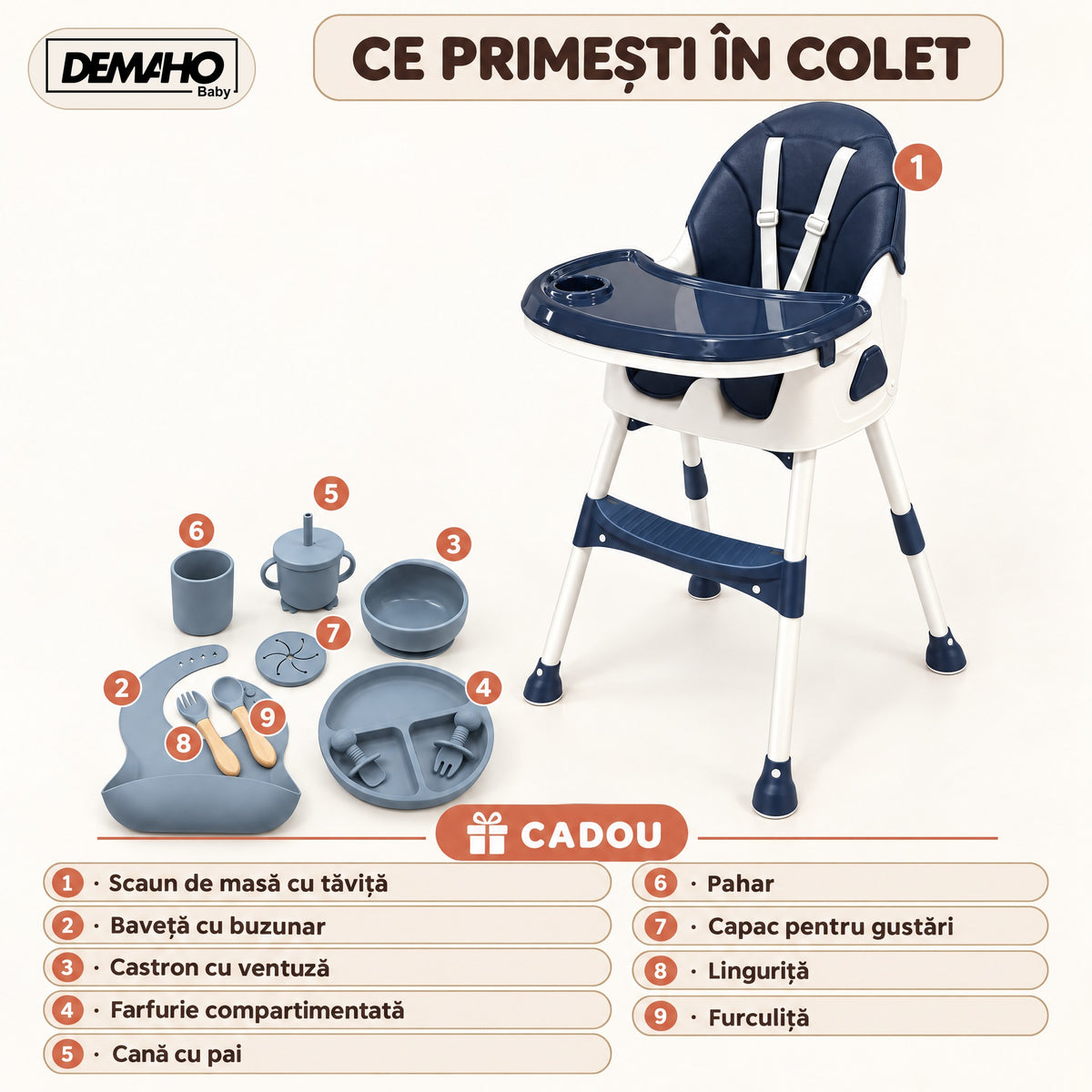 Scaun de Masă pentru Bebeluși DEMAHO Baby, 2 Înălțimi, Pliabil, Tăviță Detașabilă, Centură de Siguranță + CADOU Set Hrăn