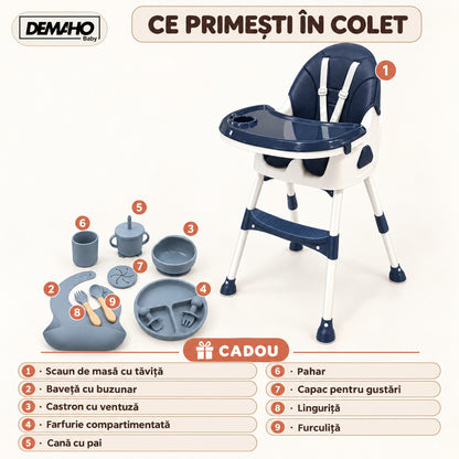 Scaun de Masă pentru Bebeluși DEMAHO Baby, 2 Înălțimi, Pliabil, Tăviță Detașabilă, Centură de Siguranță + CADOU Set Hrăn