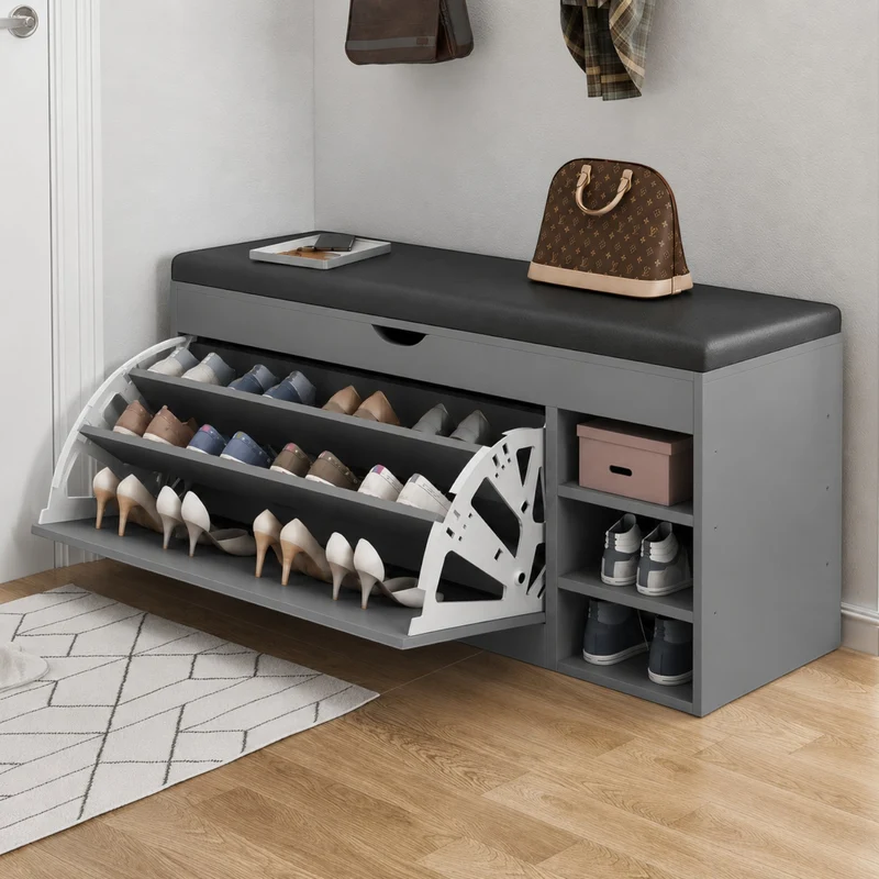 Dulap pentru pantofi tip bancheta Gri, 6 rafturi, 100x34x50 cm
