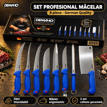 Set Cuțite Profesionale de Măcelărie DEMAHO, 8 Piese, Oțel Inoxidabil, Satâr și Masat Incluse, Mâner Antiderapant, Cutie Cadou