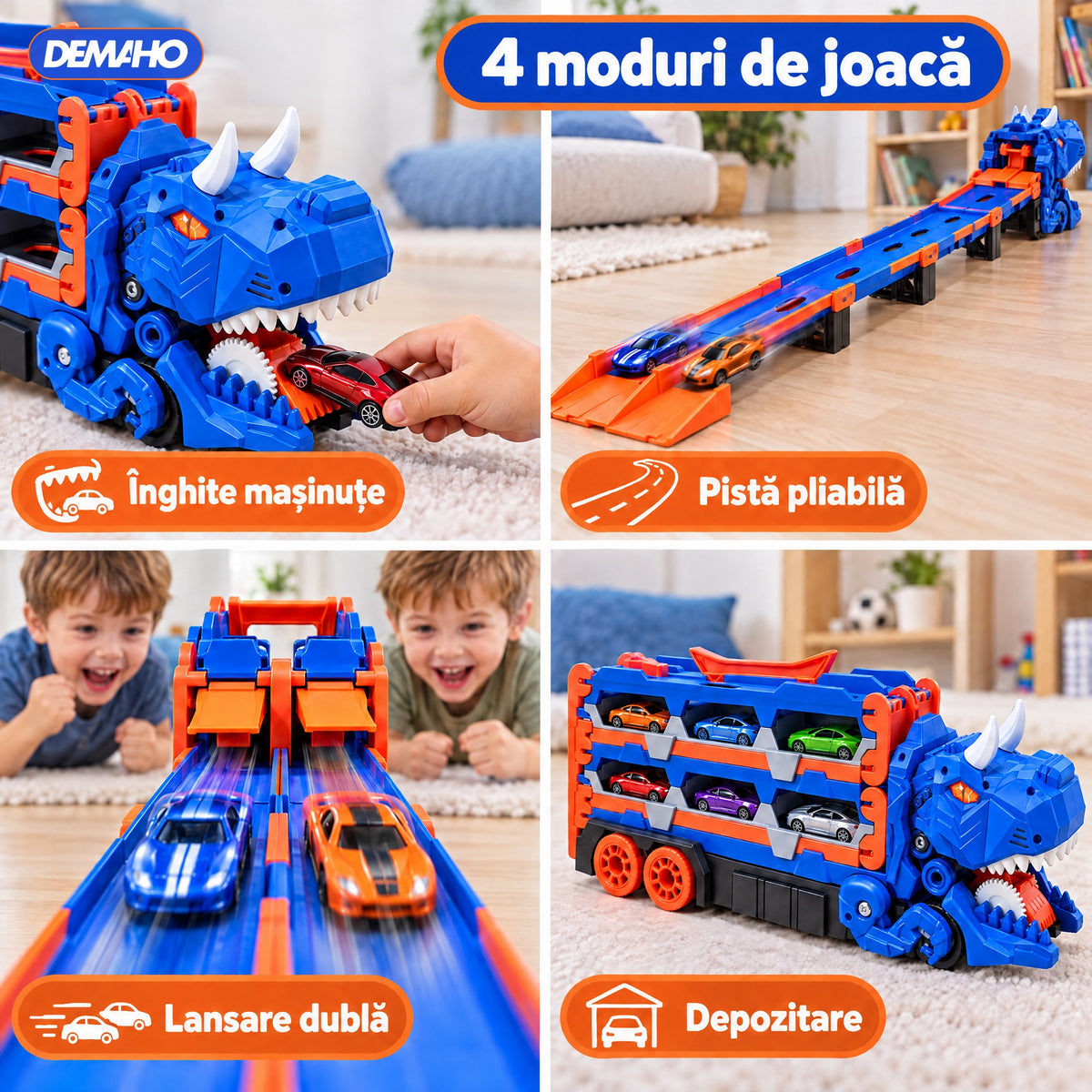 Camion Transportor Dinozaur 2 în 1, se Transformă în Pistă de Curse de 1,5 m, Lansare Dublă, Înghite Mașinuțe, Garaj pe 2 Etaje, 6 Mașinuțe Incluse, Albastru, 3+ ani