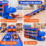 Camion Transportor Dinozaur 2 în 1, se Transformă în Pistă de Curse de 1,5 m, Lansare Dublă, Înghite Mașinuțe, Garaj pe 2 Etaje, 6 Mașinuțe Incluse, Albastru, 3+ ani