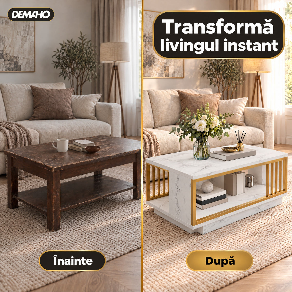Măsuță de Cafea cu Aspect de Marmură Albă și Cadru Auriu, Raft Deschis de Depozitare, 120 × 60 × 42 cm, Design Modern de