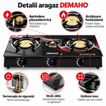 Aragaz DEMAHO cu 3 Ochiuri, Plită Sticlă Securizată, Aprindere Quartz, Butelie GPL, Negru