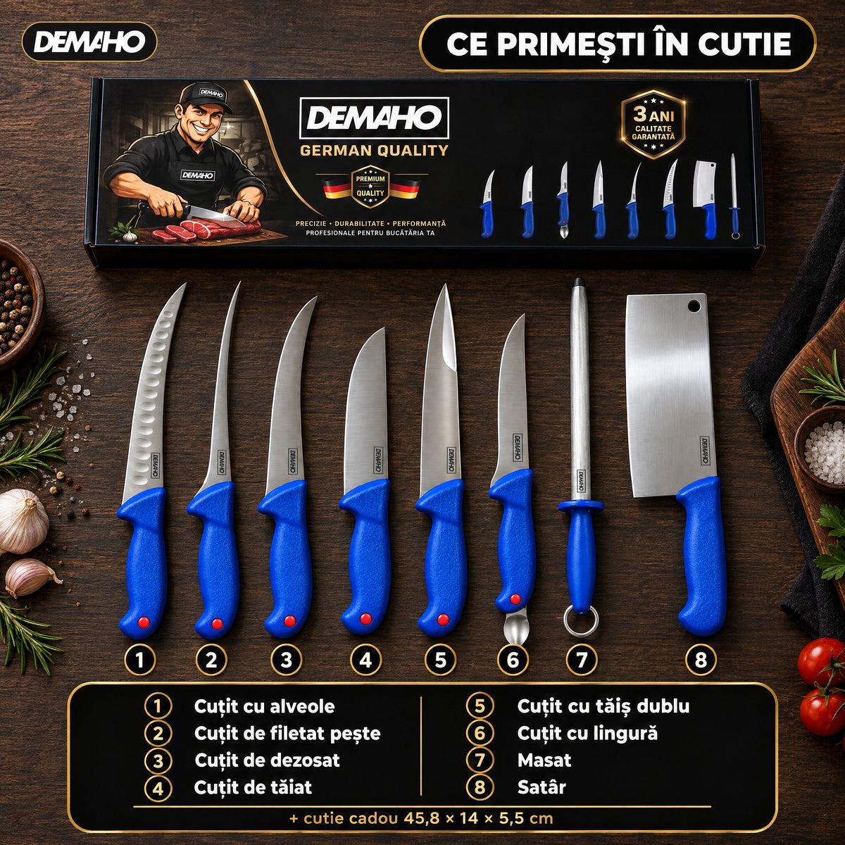 Set Cuțite Profesionale de Măcelărie DEMAHO, 8 Piese, Oțel Inoxidabil, Satâr și Masat Incluse, Mâner Antiderapant, Cutie Cadou