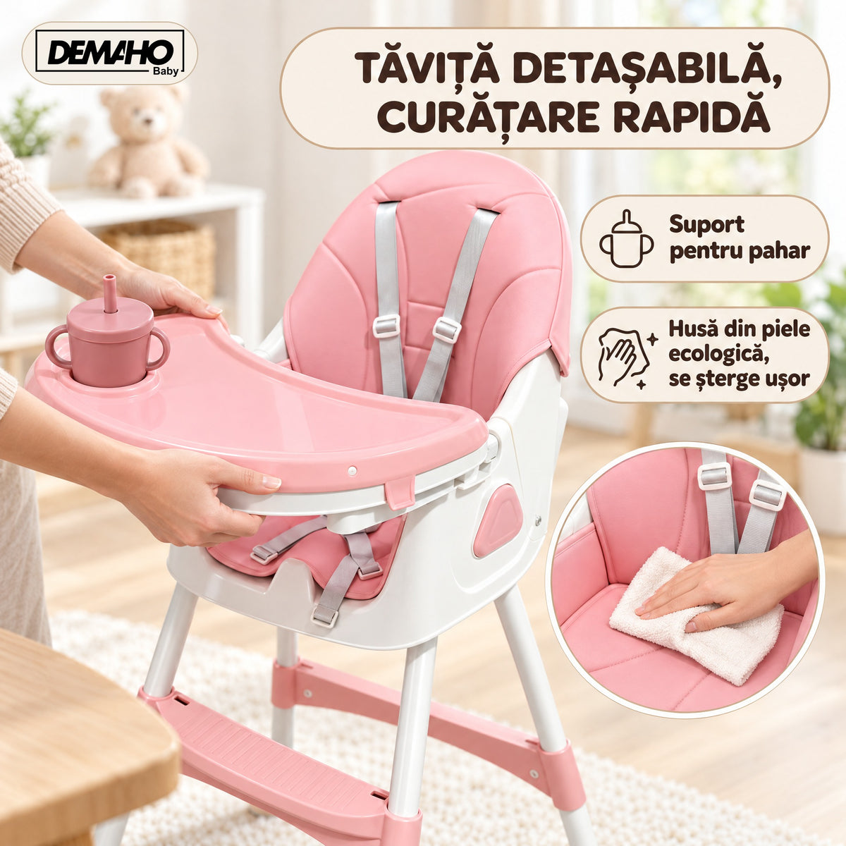 Scaun de Masă pentru Bebeluși DEMAHO Baby, 2 Înălțimi, Pliabil, Tăviță Detașabilă, Centură de Siguranță + CADOU Set Hrăn