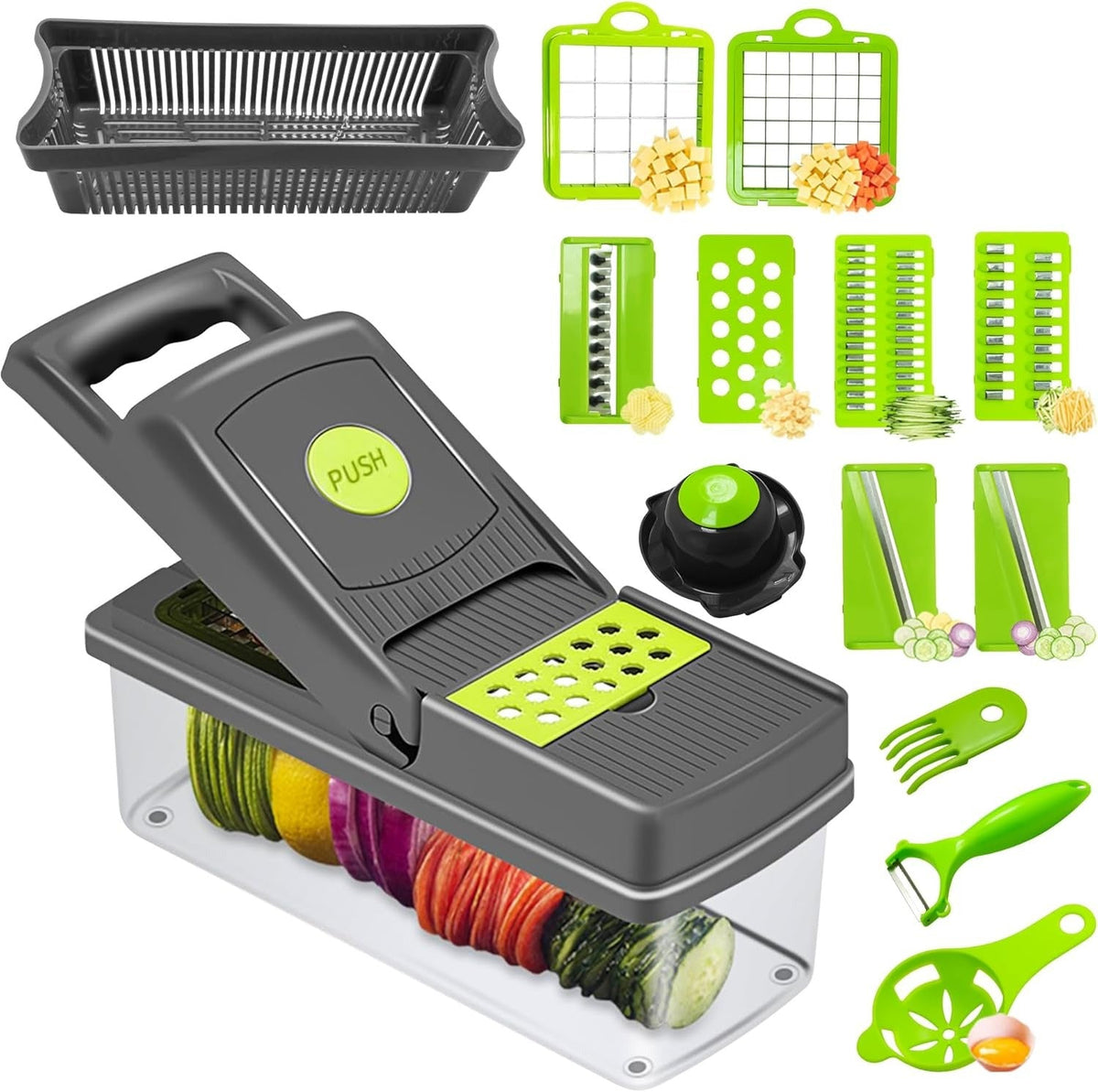Răzătoare multifuncțională 16-în-1 pentru legume și fructe, lame inox + accesorii complete