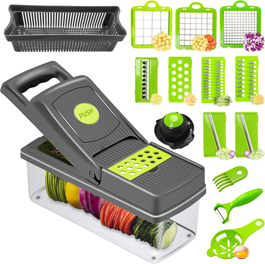 Răzătoare multifuncțională 16-în-1 pentru legume și fructe, lame inox + accesorii complete