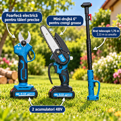 Set profesional mini-drujbă și foarfecă electrică cu braț telescopic