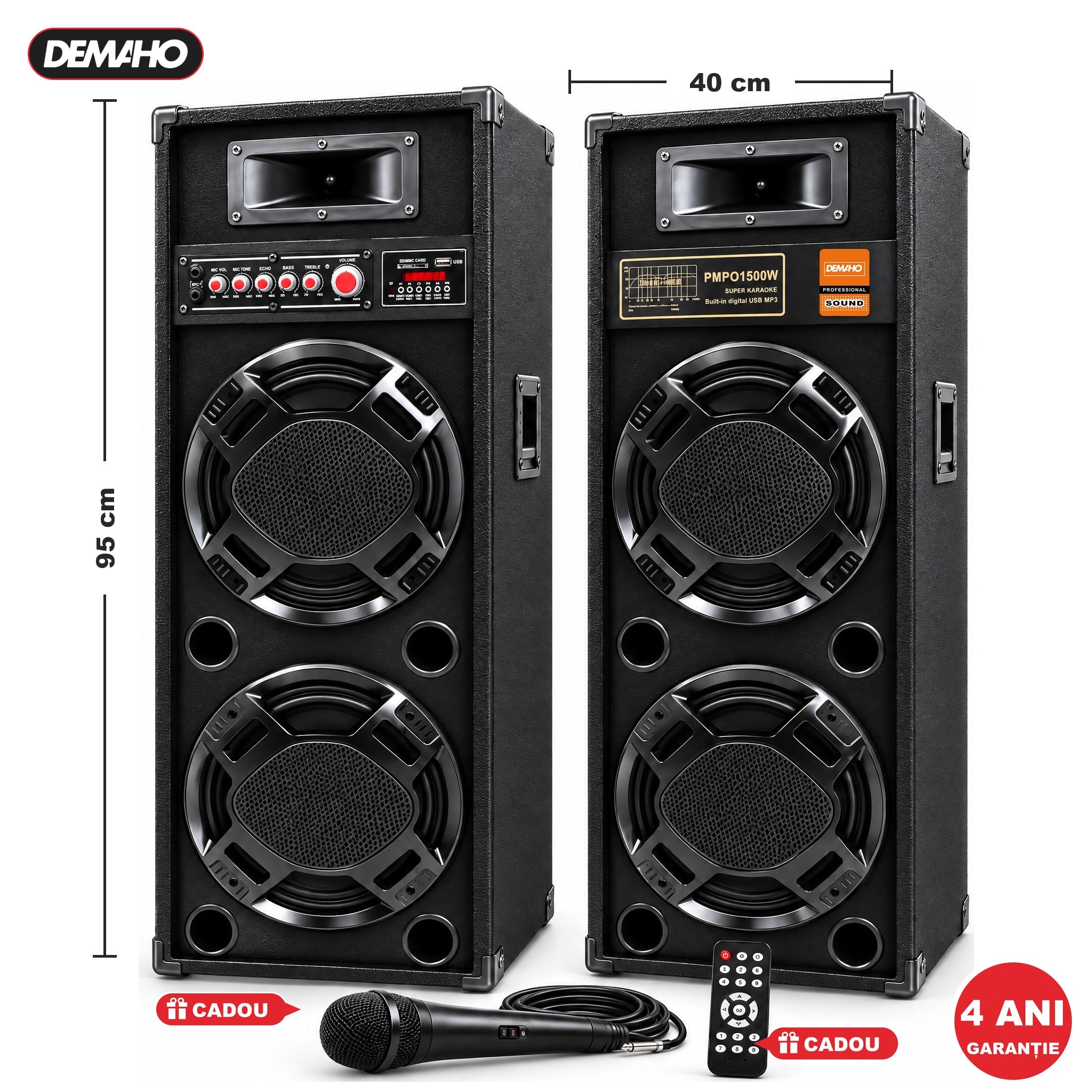 Set Boxe Active Profesionale DEMAHO 600W RMS, 95 cm, 4 Difuzoare 25 cm, Karaoke, Bluetooth, USB, Radio FM, Ecran LCD + CADOU Microfon și Telecomandă
