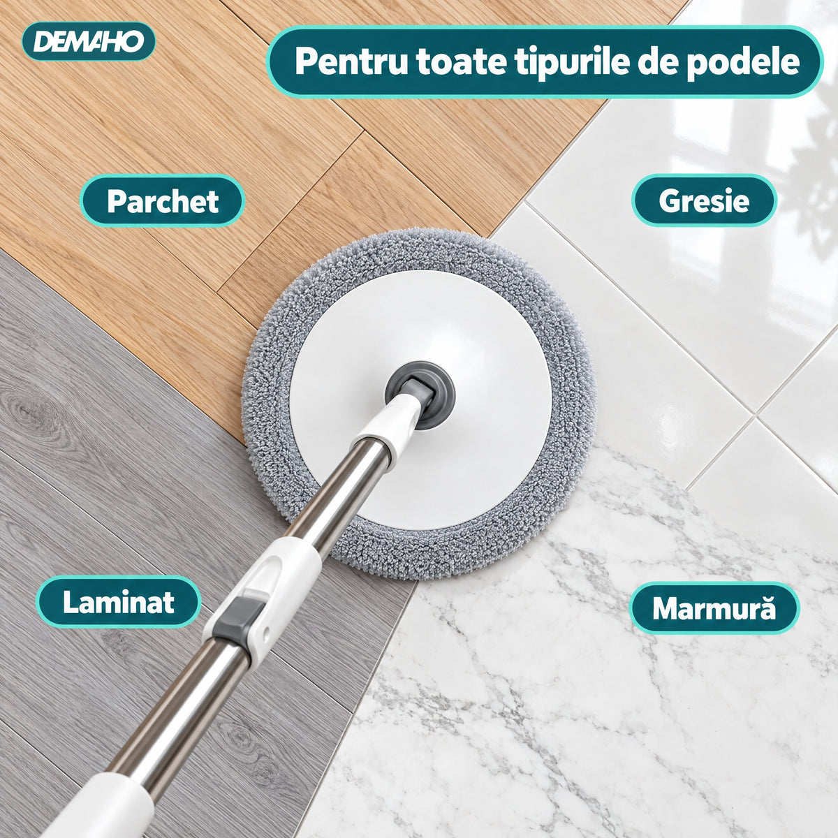 Set Mop Rotativ cu Auto-Spălare, Găleată cu Apă Curată și Murdară Separate, Stoarcere 360°, Mâner Telescopic din Inox, 2