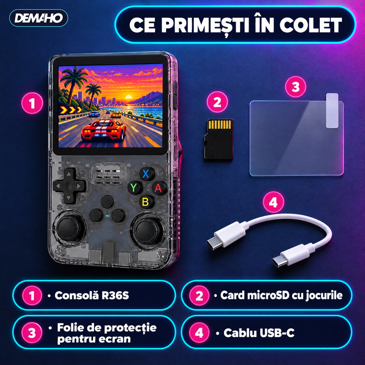Consolă Retro Portabilă R36S, Peste 14.000 de Jocuri Incluse, 21 de Emulatoare, Ecran IPS 3,5", 2 Joystick-uri, Încărcar